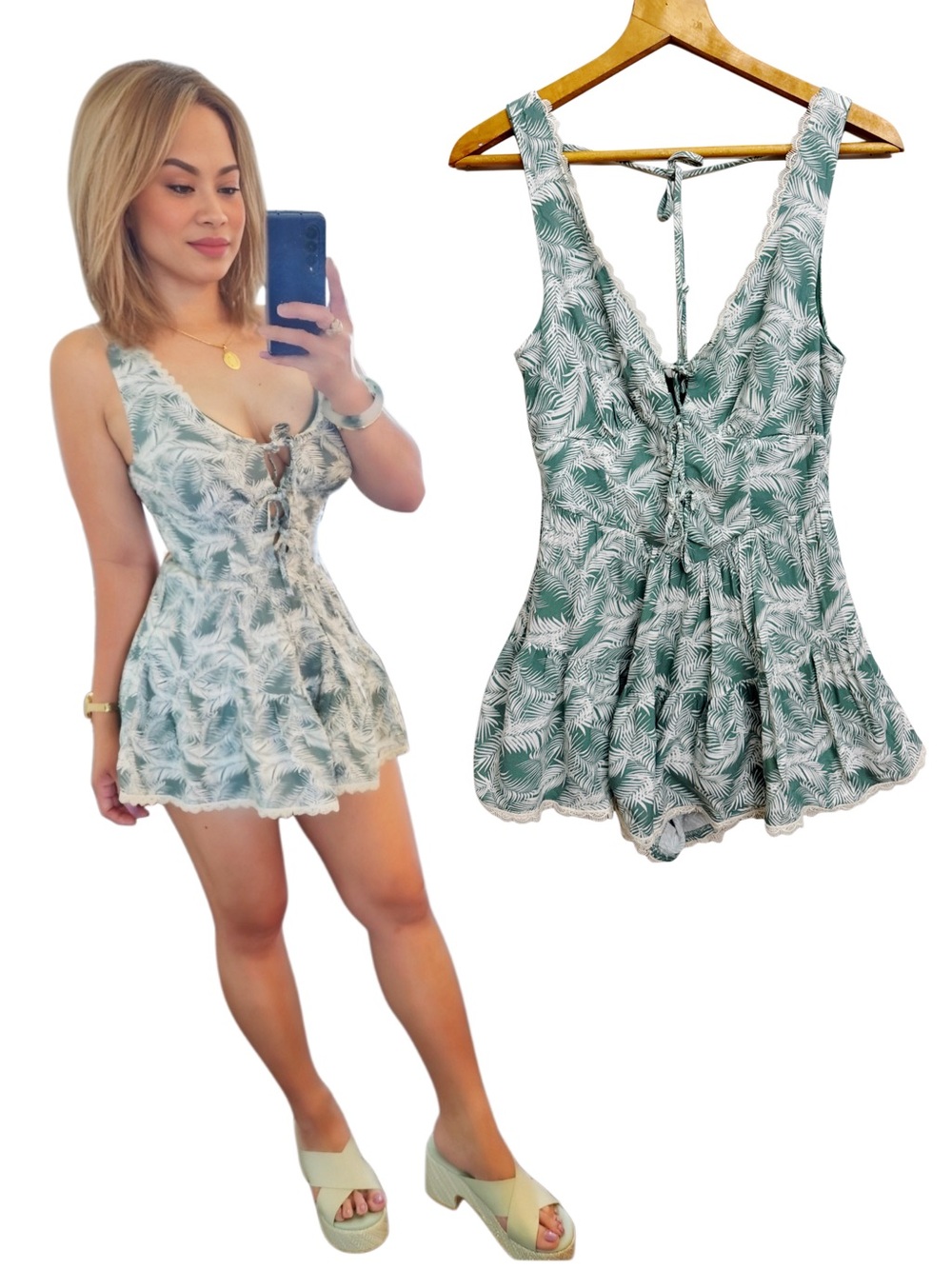 Green Palm Print Tie-Front Romper Medium